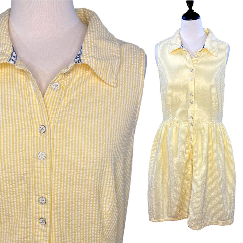 Cremieux Size 10 Seersucker Dress Yellow Stripe Sleeveless Nautical Buttons